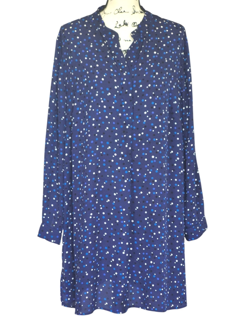 Anne Klein Blue Dot Print Tunic Shift Dress 2X Plus Sz Long Slv Preppy Office